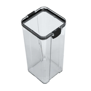 Kitchen Storage Box in clear transparent plastic with a tall rectangular shape, black rim and flip-lock lid
