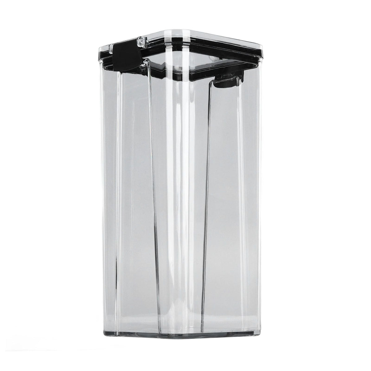 Kitchen Storage Box in clear transparent plastic with a black airtight flip-lock lid and tall rectangular shape