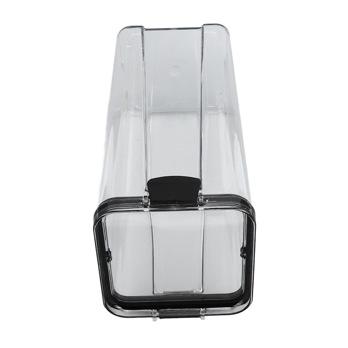 Kitchen Storage Box in clear transparent plastic with a black rim and flip-top airtight lid, rectangular pantry design