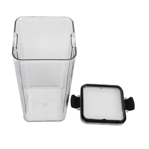 Kitchen Storage Box with a clear, transparent square plastic body and a separate black-edged lid with side clips
