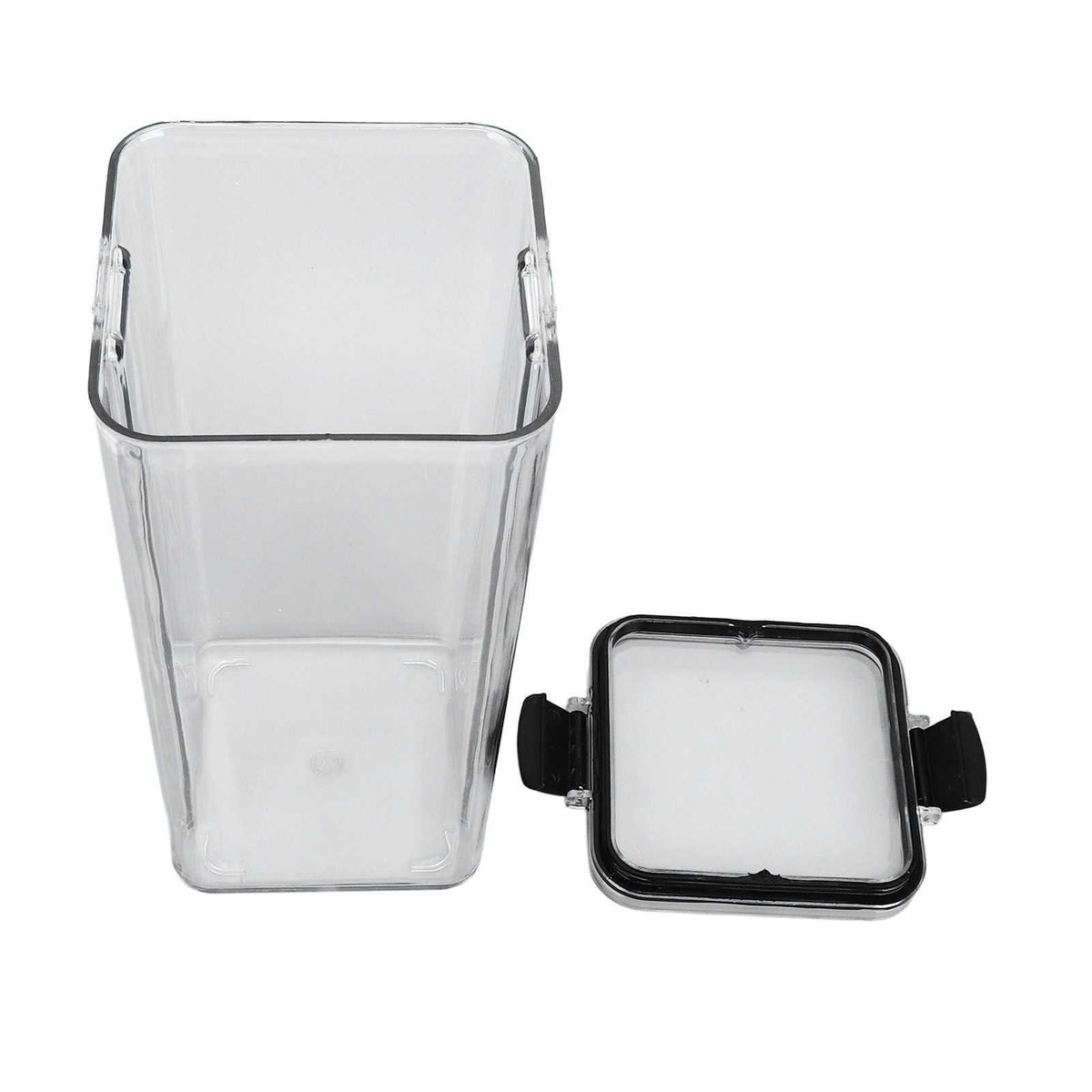 Kitchen Storage Box with a clear, transparent square plastic body and a separate black-edged lid with side clips
