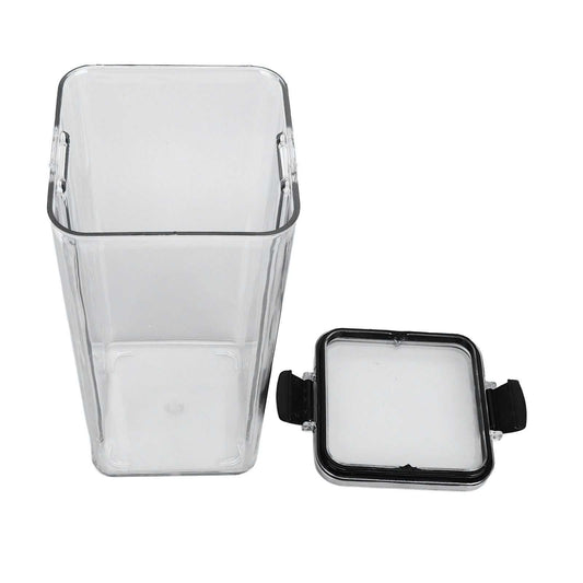 Kitchen Storage Box with a clear, transparent square plastic body and a separate black-edged lid with side clips