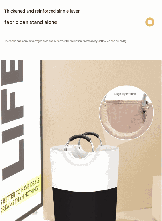 Laundry hamper with a white and black colour-block design, structured fabric body and curved metal handles; Large 90L Capacity
