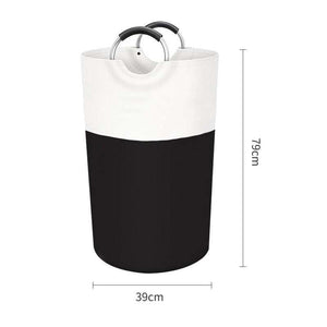 Laundry hamper with Large 90L Capacity, black and white two-tone fabric and curved aluminium handles with black grips