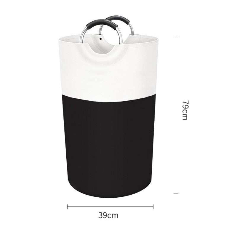 Laundry hamper with Large 90L Capacity, black and white two-tone fabric and curved aluminium handles with black grips