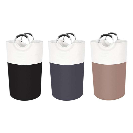 Large 90L Capacity laundry hamper in black, charcoal and taupe with white upper panels and paired circular handles