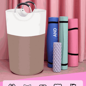 Laundry hamper with a white upper section, beige lower section and black-and-silver handles, showing Large 90L Capacity
