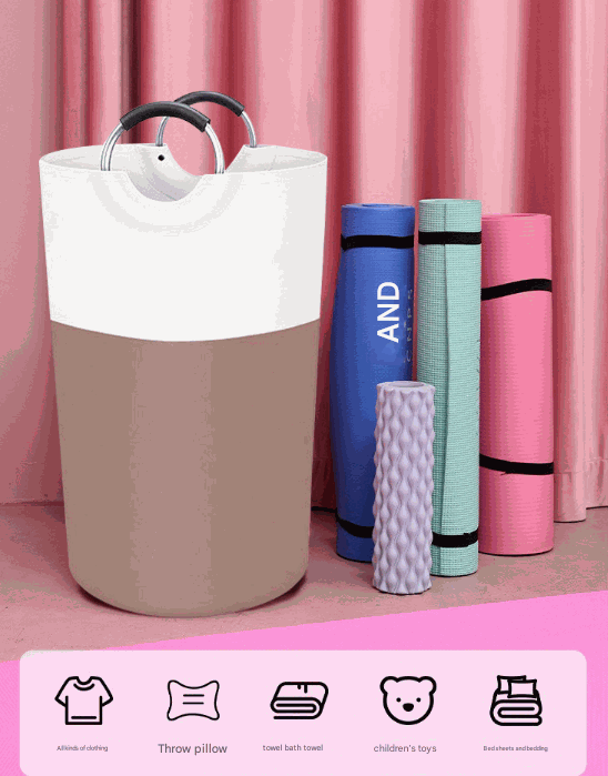 Laundry hamper with a white upper section, beige lower section and black-and-silver handles, showing Large 90L Capacity