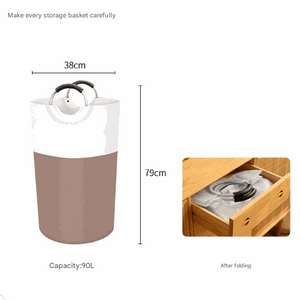Collapsible laundry hamper in white and taupe fabric with black-handled grips, shown upright and folded, Large 90L Capacity