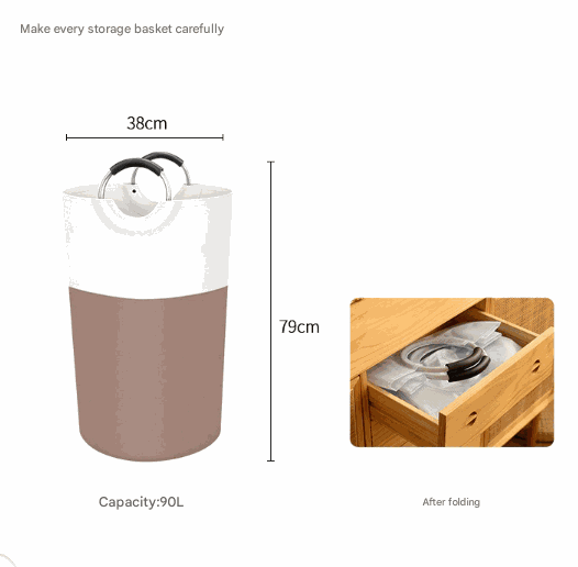 Collapsible laundry hamper in white and taupe fabric with black-handled grips, shown upright and folded, Large 90L Capacity