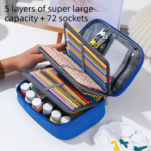 Large Capacity 72-Slot Pencil Case in blue and grey fabric with elastic pencil loops, mesh pockets and a zippered multi-layer interior