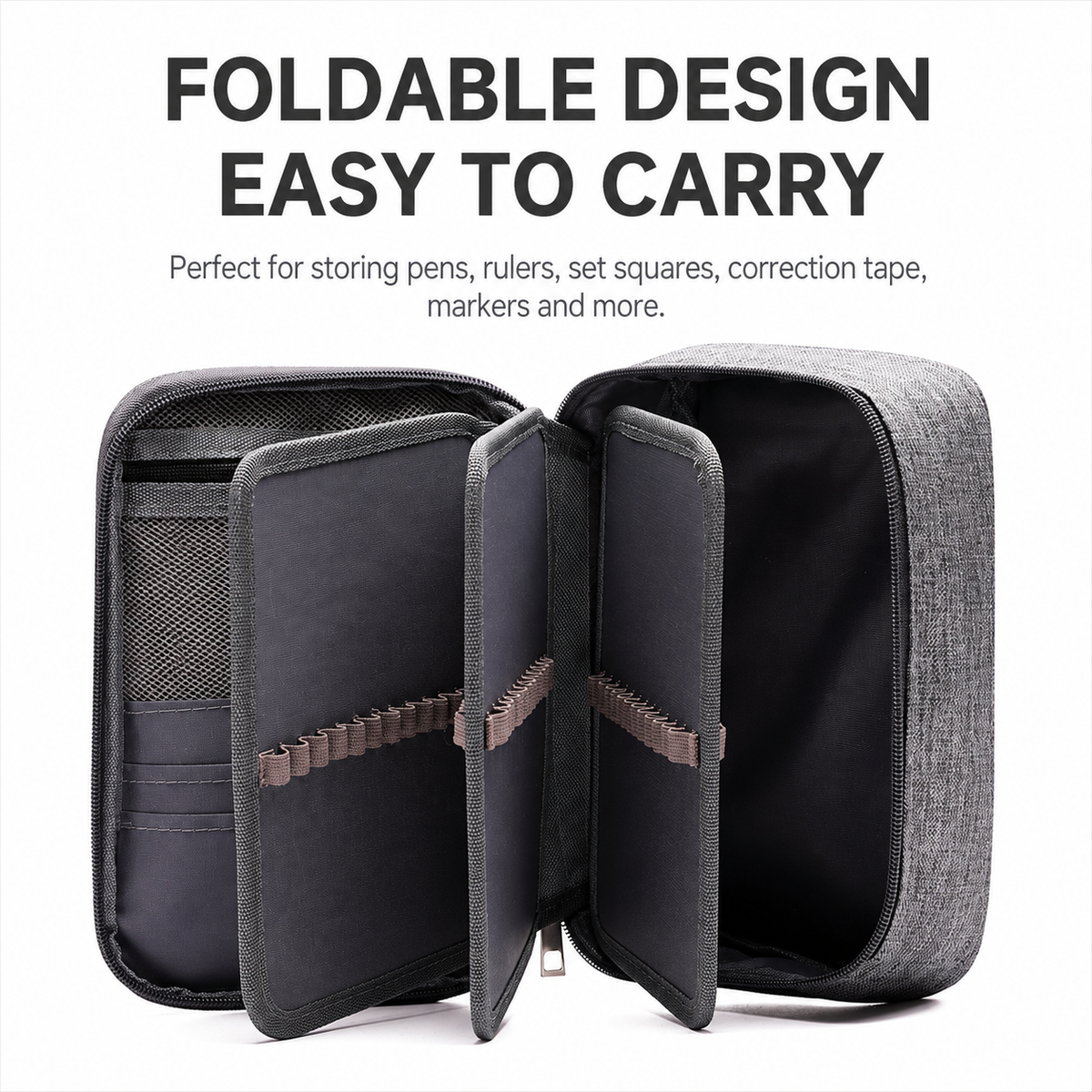 Large Capacity 72-Slot Pencil Case in grey textured fabric, open with fold-out panels, elastic loops and mesh pockets