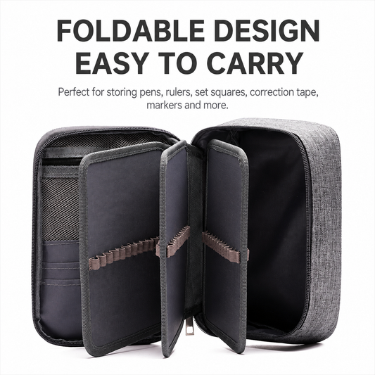 Large Capacity 72-Slot Pencil Case in grey textured fabric, open with fold-out panels, elastic loops and mesh pockets