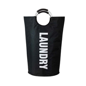 Laundry hamper in black Oxford fabric with bold white vertical lettering and circular aluminium handles; Large-Capacity Oxford Fabric design.