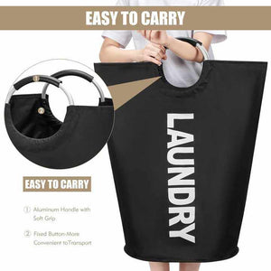 Large-Capacity Oxford Fabric laundry hamper in black, with a tall tapered shape, white vertical LAUNDRY lettering and curved handles.