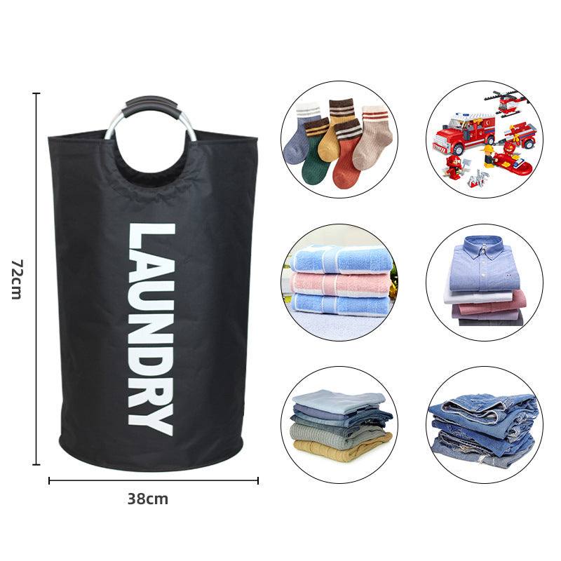 Large-Capacity Oxford Fabric laundry hamper in black with a round shape, metal ring handles and bold white LAUNDRY lettering