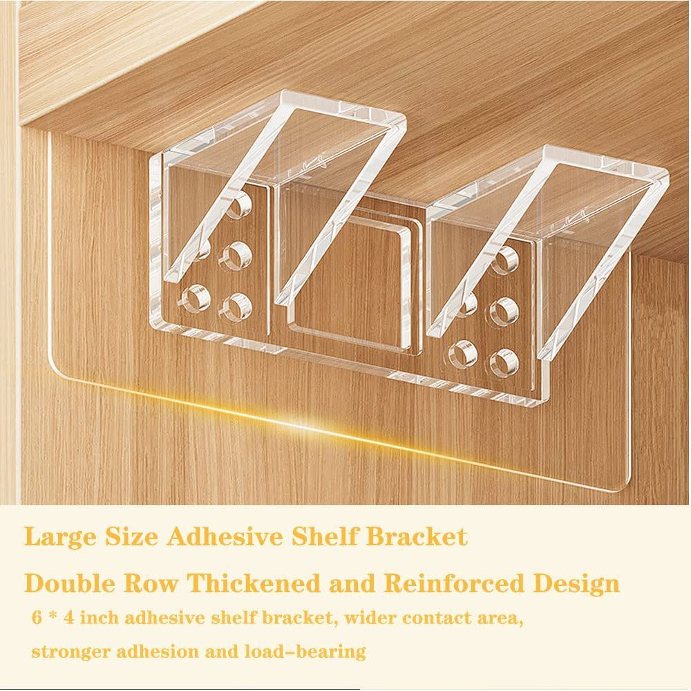Shelf brackets in clear acrylic, with a large adhesive backing and reinforced double-row supports; Large Size Adhesive Shelf Bracket