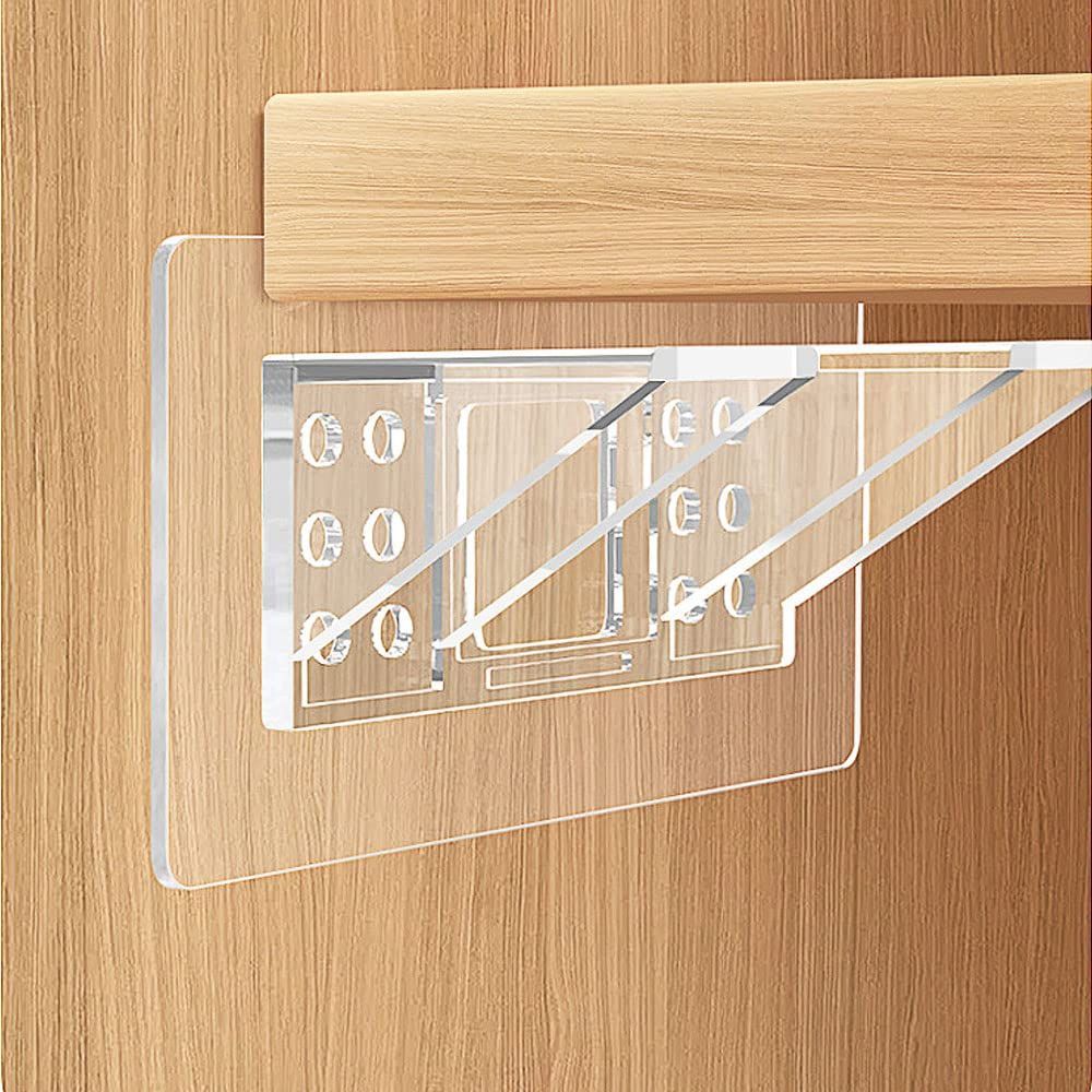 Large Size Adhesive Shelf Bracket in clear acrylic with a reinforced double-row design supporting a wooden shelf