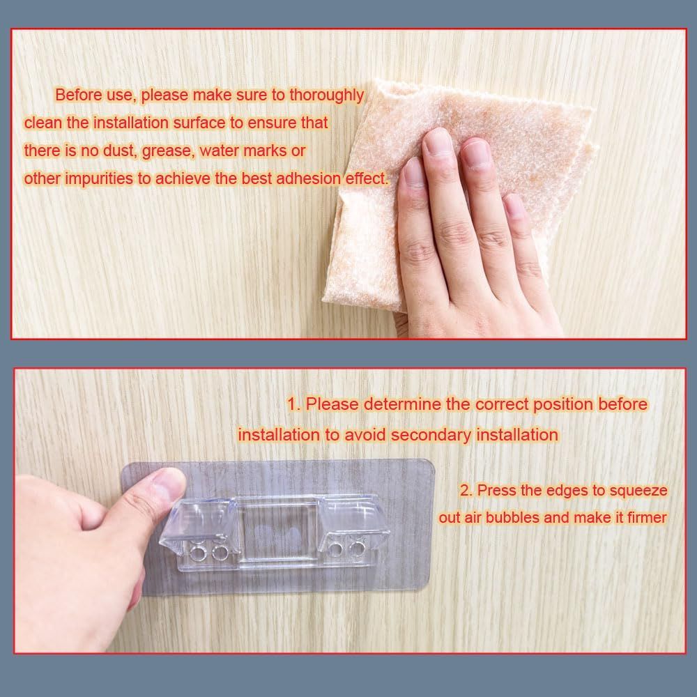 Large Size Adhesive Shelf Bracket shown as a clear acrylic support with a broad adhesive pad, pressed onto wood