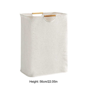 Laundry Basket Waterproof in natural beige cotton-linen fabric, with a tall rectangular shape and two wooden handles