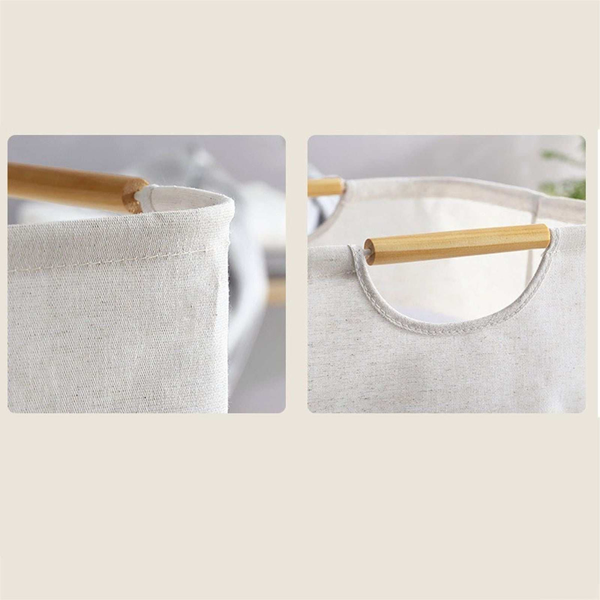 Laundry Basket Waterproof with textured natural beige fabric and smooth wooden handles attached to reinforced side loops