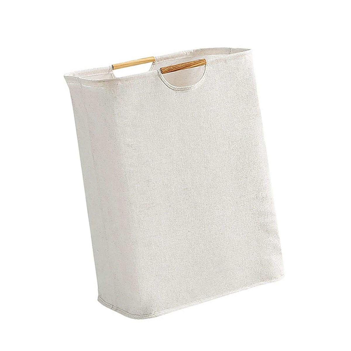Laundry Basket Waterproof in natural off-white woven fabric, with a tall rectangular shape and two wooden handles