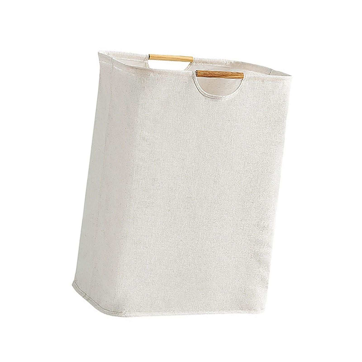 Laundry Basket Waterproof in off-white cotton-linen fabric, with a tall collapsible shape and two wooden handles