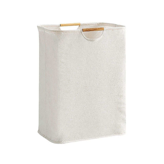 Laundry Basket Waterproof hamper in off-white textured fabric with a rectangular shape and two wooden handles