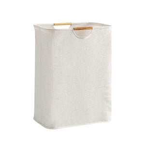 Laundry Basket Waterproof in pale grey textured fabric, with a tall rectangular shape and two wooden carry handles