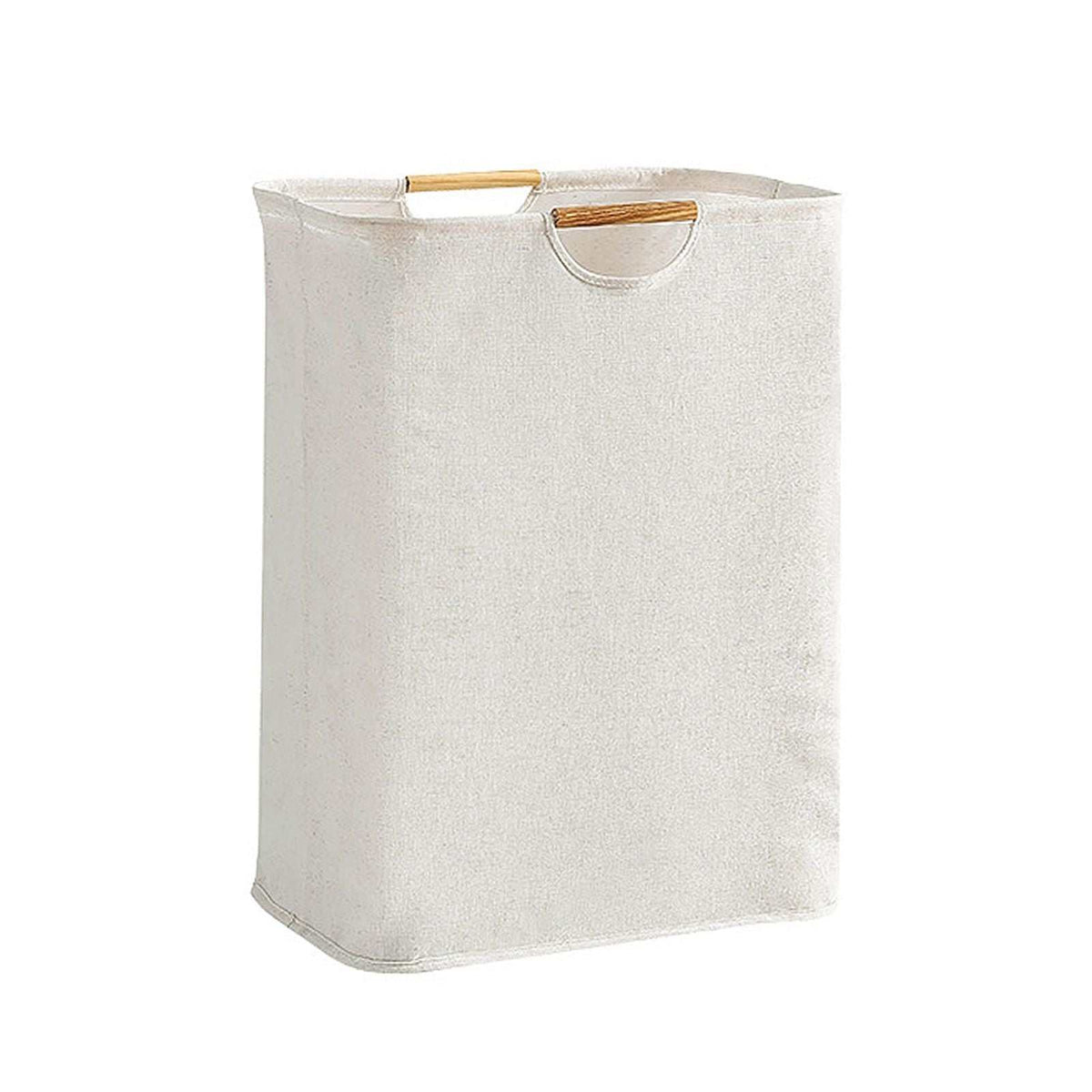 Laundry Basket Waterproof in pale grey textured fabric, with a tall rectangular shape and two wooden carry handles