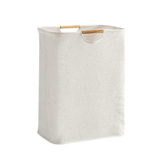 Laundry Basket Waterproof in pale grey textured fabric, with a tall rectangular shape and two wooden carry handles