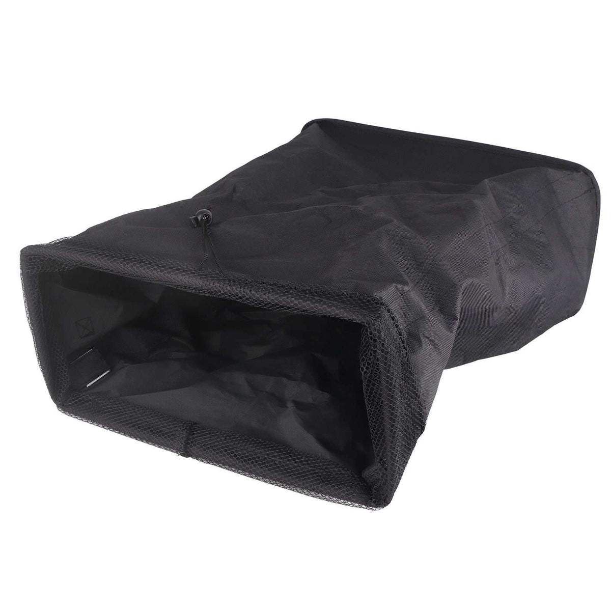 Laundry Basket with Handles in black fabric, with a drawstring mesh cover and a wide rectangular opening