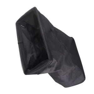 Laundry Basket with Handles in black fabric, shown folded flat with mesh panels and a drawstring closure.