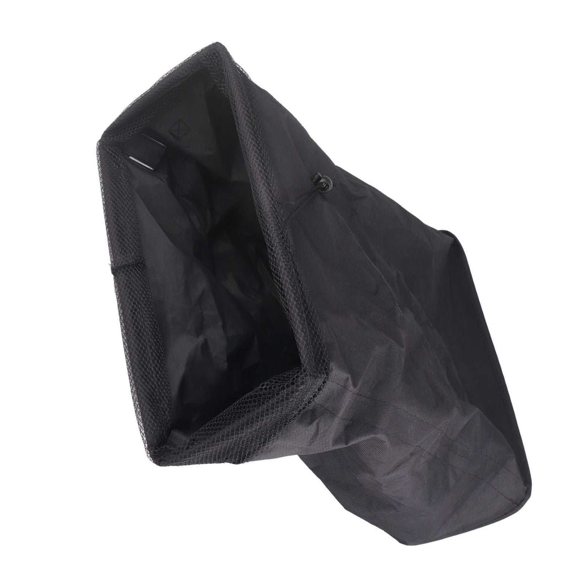 Laundry Basket with Handles in black fabric, shown folded flat with mesh panels and a drawstring closure.
