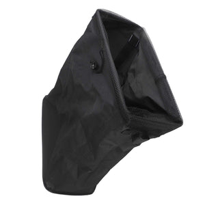 Laundry Basket with Handles in black Oxford cloth, shown folded with a mesh drawstring cover and fabric side handles