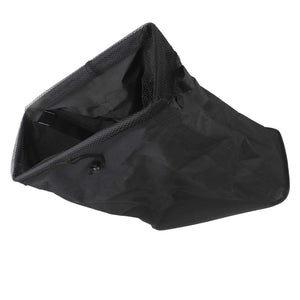 Laundry Basket with Handles in black Oxford cloth, shown collapsed with a mesh drawstring cover and fabric handles