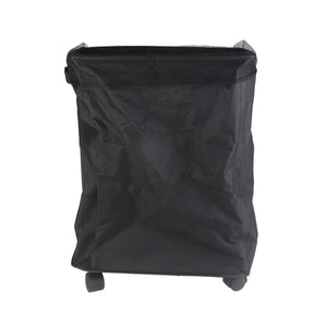 Laundry Basket with Handles in black Oxford cloth, featuring a mesh drawstring cover and two visible caster wheels