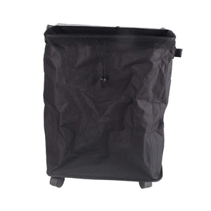 Laundry Basket with Handles in black Oxford cloth, featuring a mesh drawstring cover, side handles and four wheels.