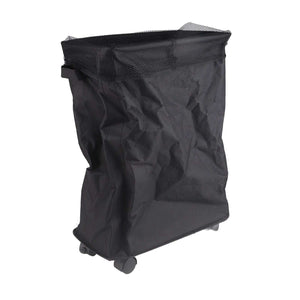 Laundry Basket with Handles in black Oxford cloth, featuring a mesh drawstring cover and four rolling wheels