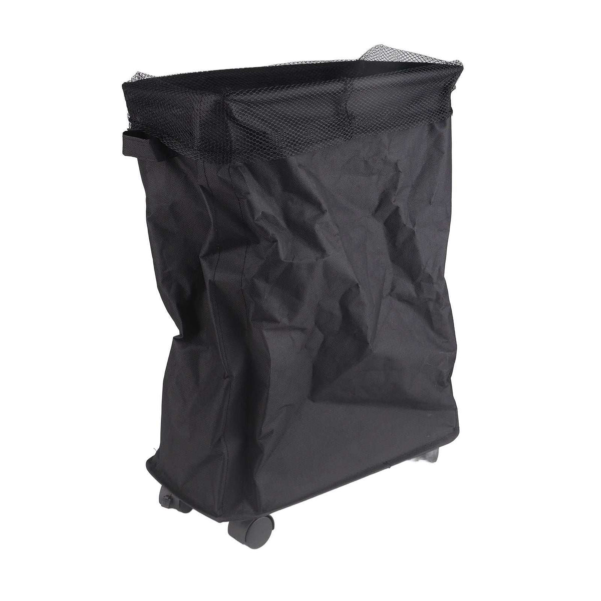 Laundry Basket with Handles in black Oxford cloth, featuring a mesh drawstring cover and four rolling wheels