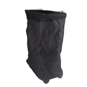 Laundry Basket with Handles in black Oxford cloth, with a tall soft-sided shape, mesh drawstring cover and wheels
