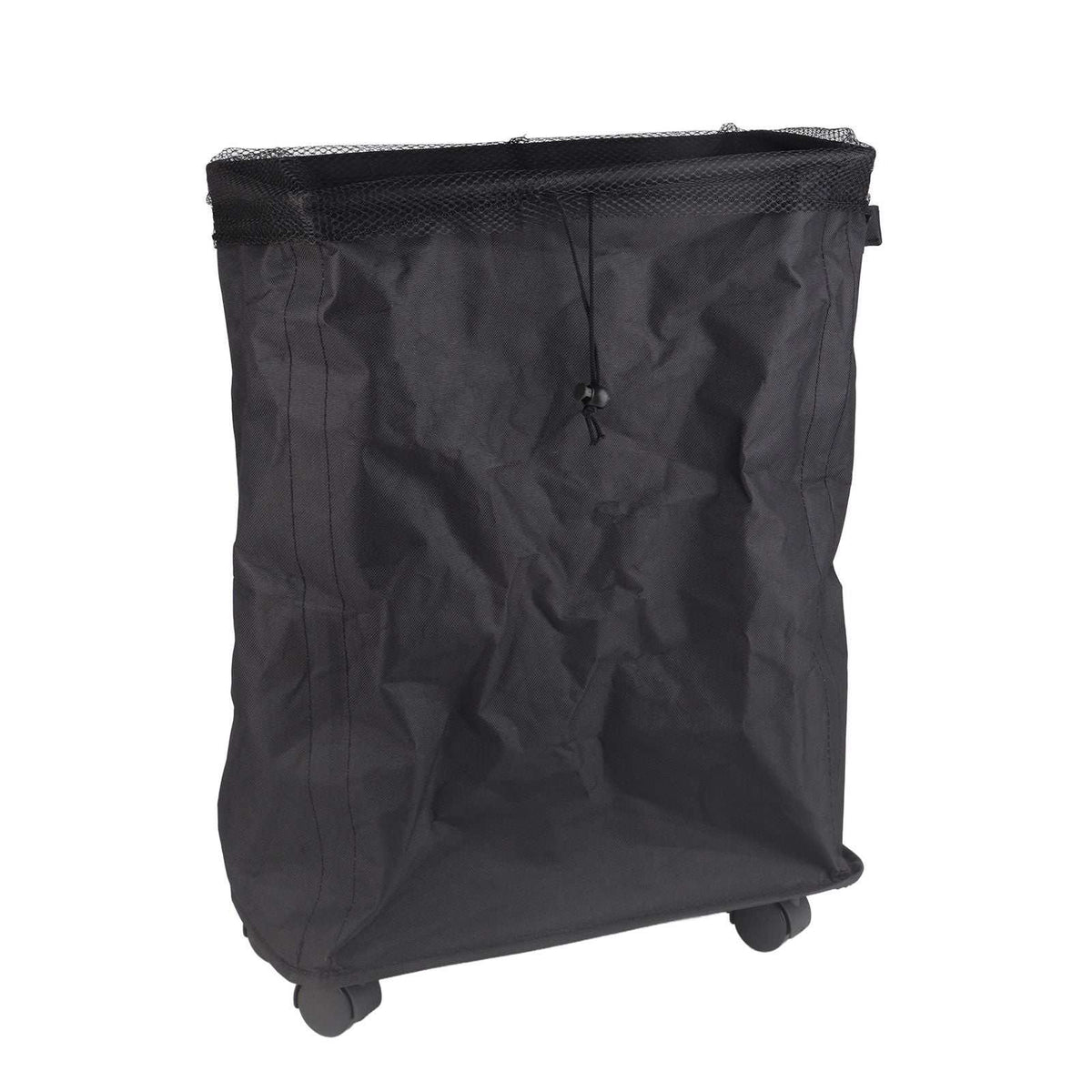 Laundry Basket with Handles in black Oxford cloth, with a mesh drawstring cover and visible rolling wheels
