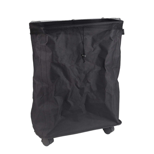 Laundry Basket with Handles in black Oxford cloth, with a mesh drawstring cover and visible rolling wheels