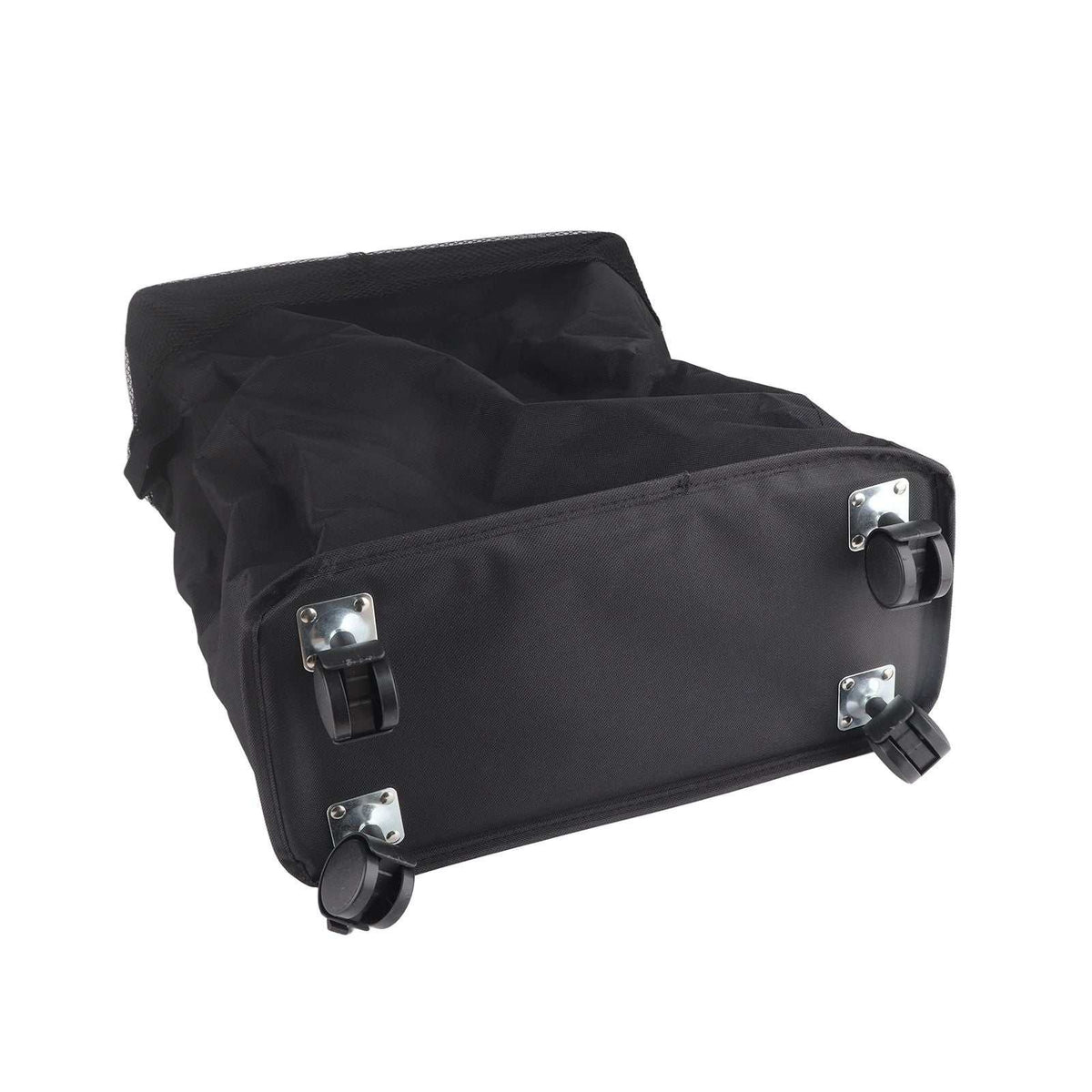 Laundry Basket with Handles in black Oxford cloth, showing a soft rectangular body and four swivel wheels underneath