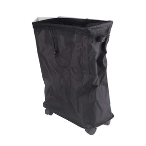 Laundry Basket with Handles in black Oxford cloth, with a drawstring mesh cover, side grips and four caster wheels.