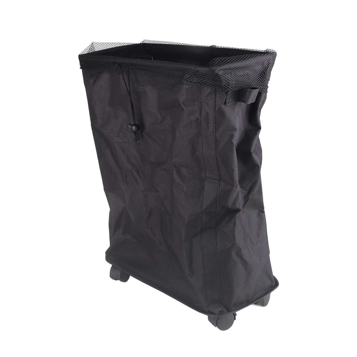 Laundry Basket with Handles in black Oxford cloth, with a drawstring mesh cover, side grips and four caster wheels.