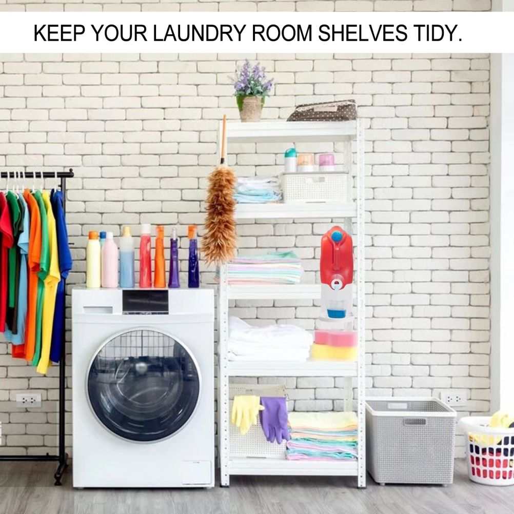 Laundry Detergent Holder set of white plastic drip-catching trays shown with laundry bottles on a shelf