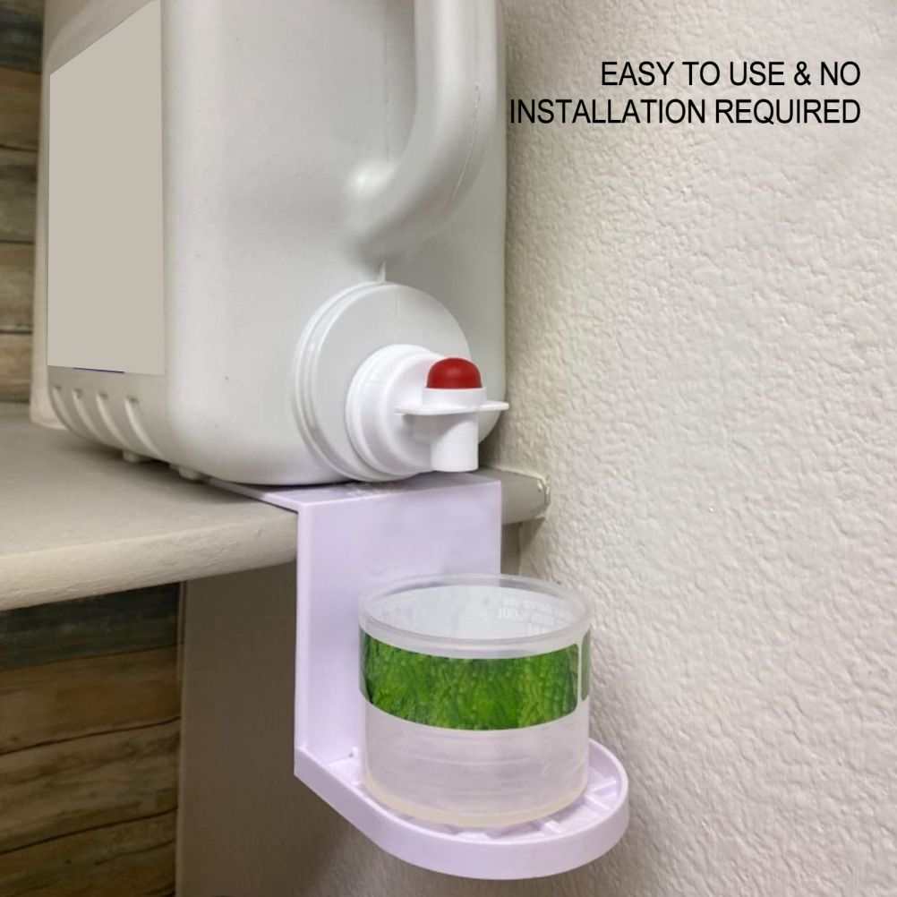 Laundry Detergent Holder in white plastic, with a curved drip-catching tray supporting a clear cup beneath a dispenser