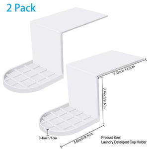 Laundry Detergent Holder 2-pack in white plastic, each with a raised back and slotted drip-catching cup platform