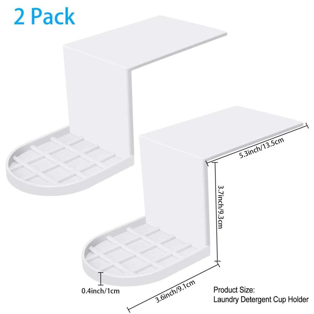 Laundry Detergent Holder 2-pack in white plastic, each with a raised back and slotted drip-catching cup platform